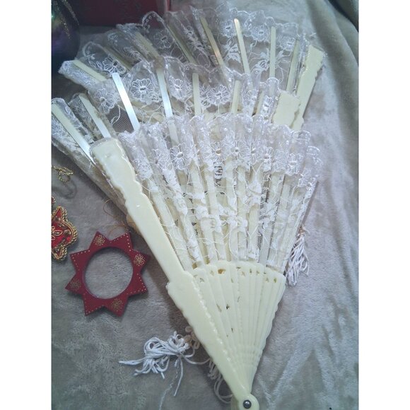 Vintage Christmas Ornament Set Includes Lace Fan Angel Figurines Red Cross Star - Picture 2 of 11